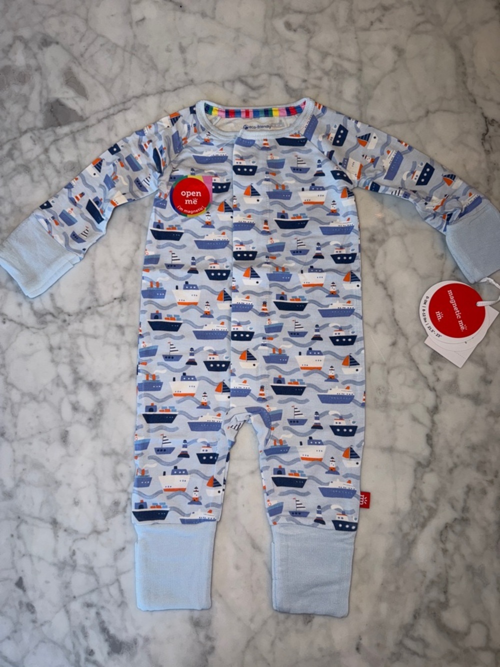 NWT Magnetic Me Light Blue Nautical Ship Print One-Piece Coverall 0/3M